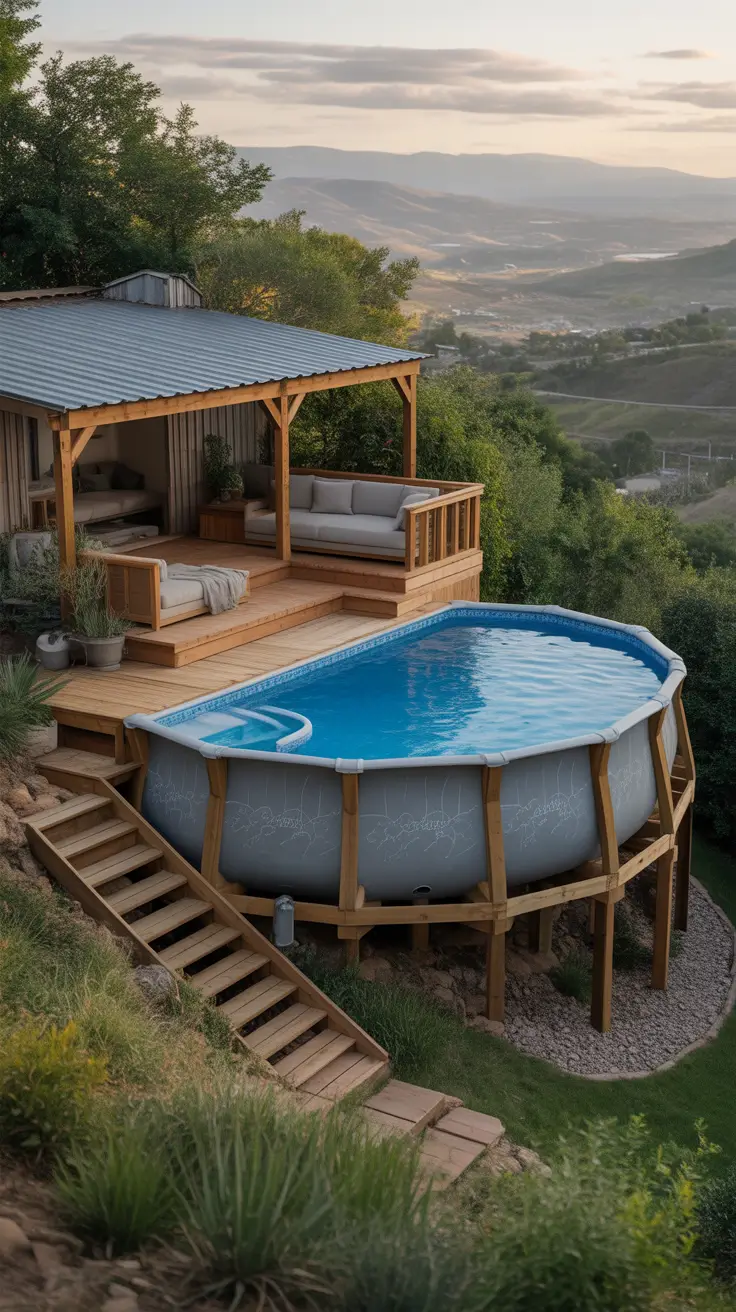 above ground pool ideas 2026 Above Ground Pool Ideas On A Hill With Semi Deck Support