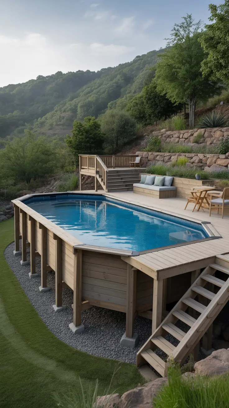 above ground pool ideas 2026 Above Ground Pool Ideas On A Hill With Semi Deck Support