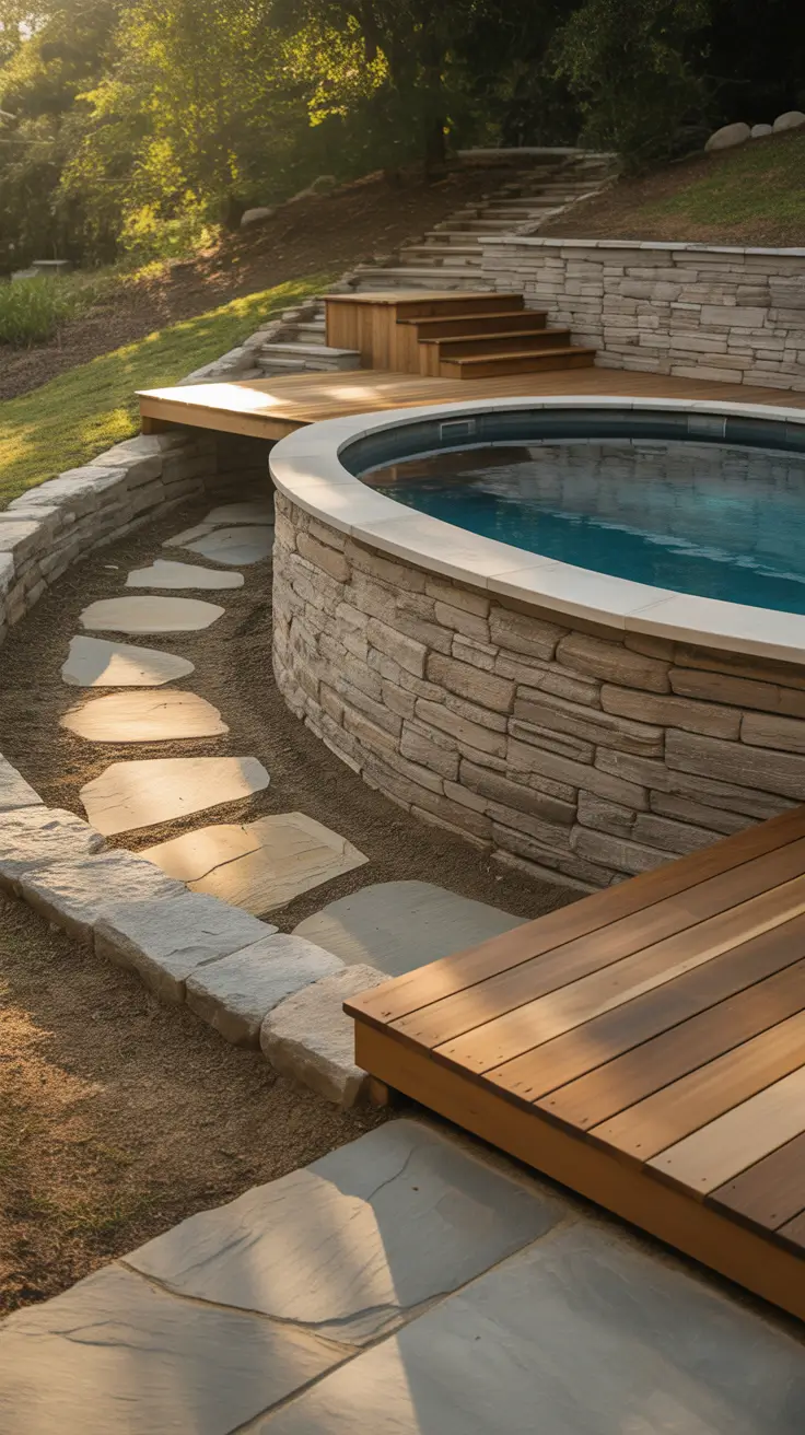 above ground pool ideas 2026 Above Ground Pool Ideas On A Slope With Natural Stone Support