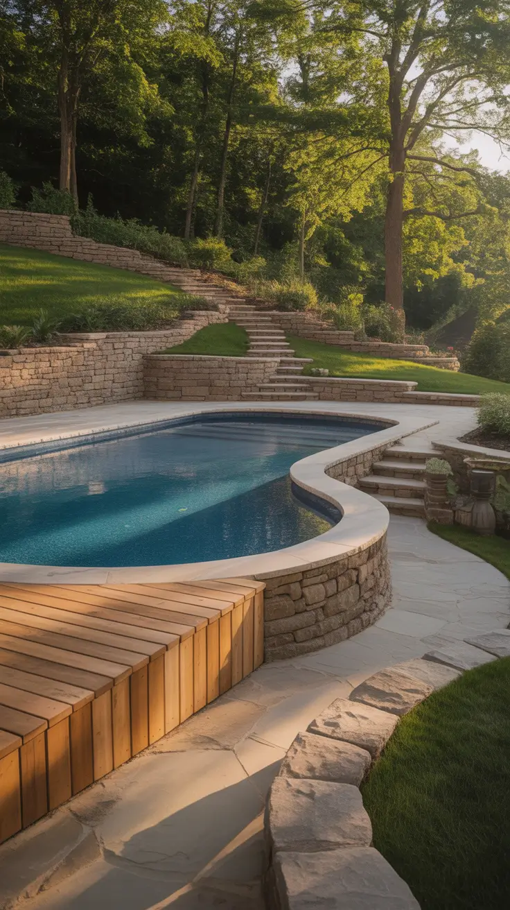 above ground pool ideas 2026 Above Ground Pool Ideas On A Slope With Natural Stone Support
