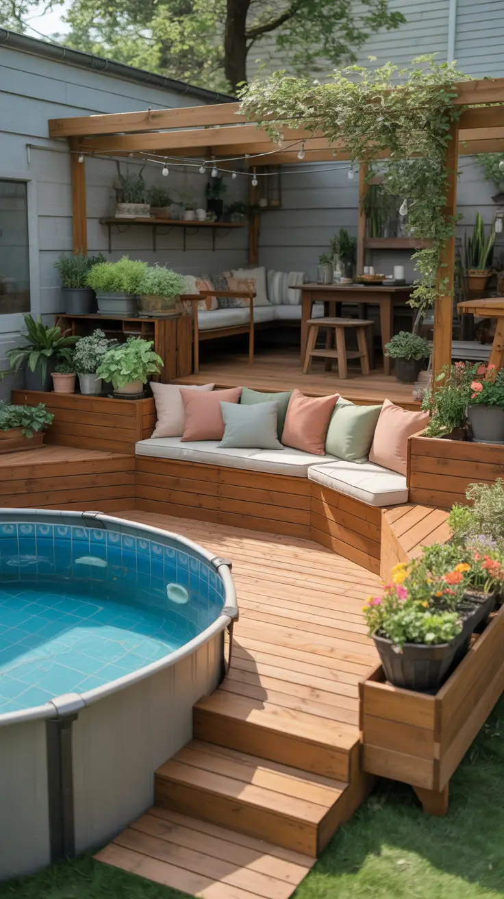 above ground pool ideas 2026 Above Ground Pool Ideas With Built In Seating And Pergola