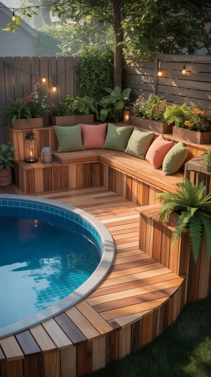 above ground pool ideas 2026 Above Ground Pool Ideas With Built In Seating And Pergola
