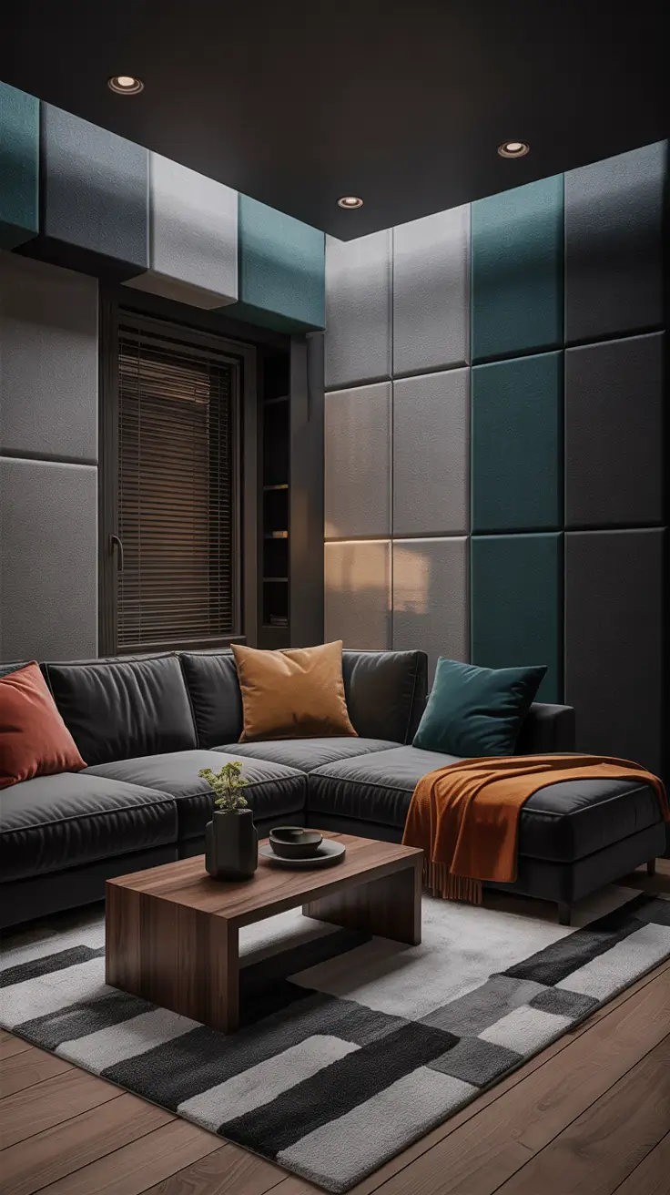 Apartment Remodel Ideas 2026 Moody Media Room With Acoustic Panels