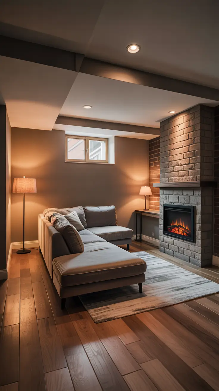 Apartment Remodel Ideas 2026 Cozy Basement Living Room With Fireplace