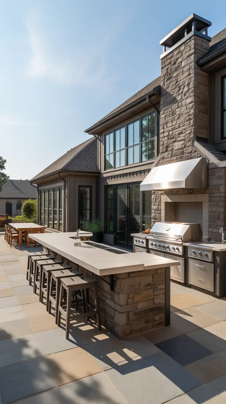 bbq patio ideas 2026 Statement Outdoor Kitchen With Extended Bar Seating