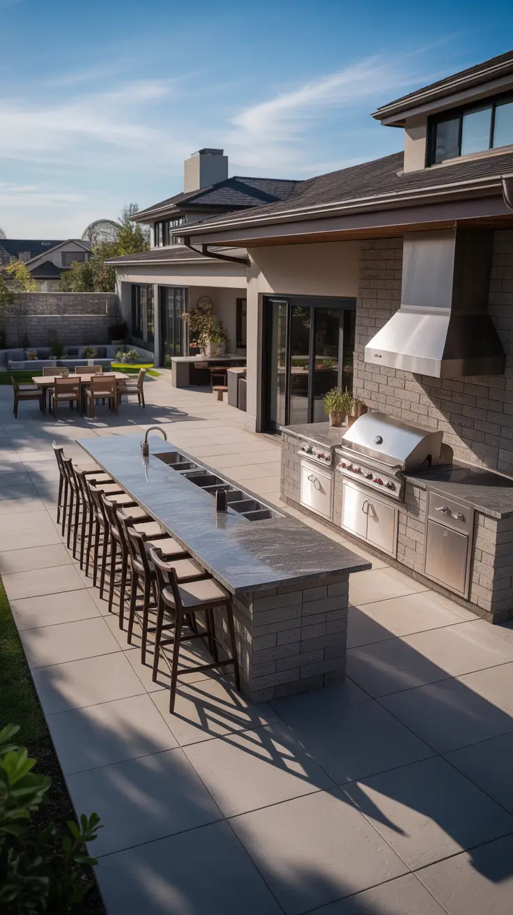 bbq patio ideas 2026 Statement Outdoor Kitchen With Extended Bar Seating