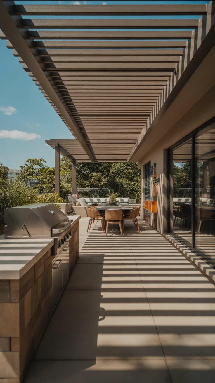bbq patio ideas 2026 Modern Pergola-Covered Grill Area With Linear Shadows