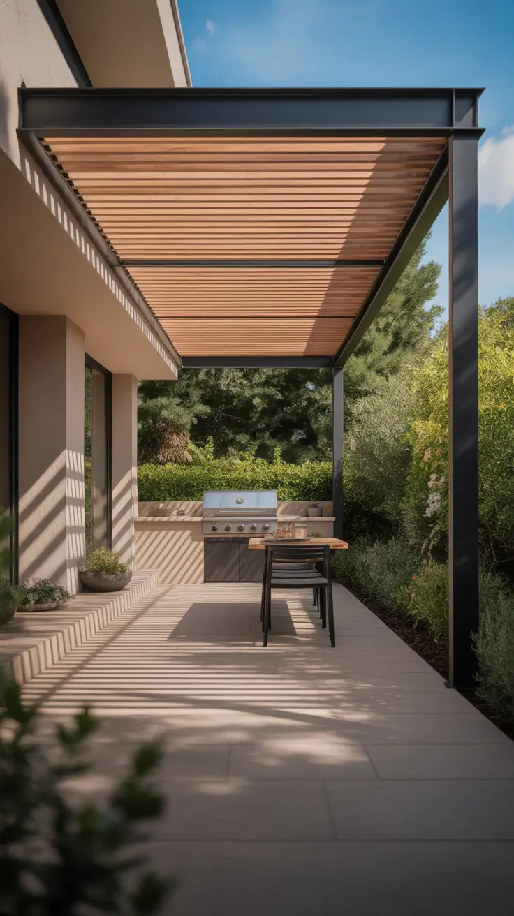 bbq patio ideas 2026 Modern Pergola-Covered Grill Area With Linear Shadows