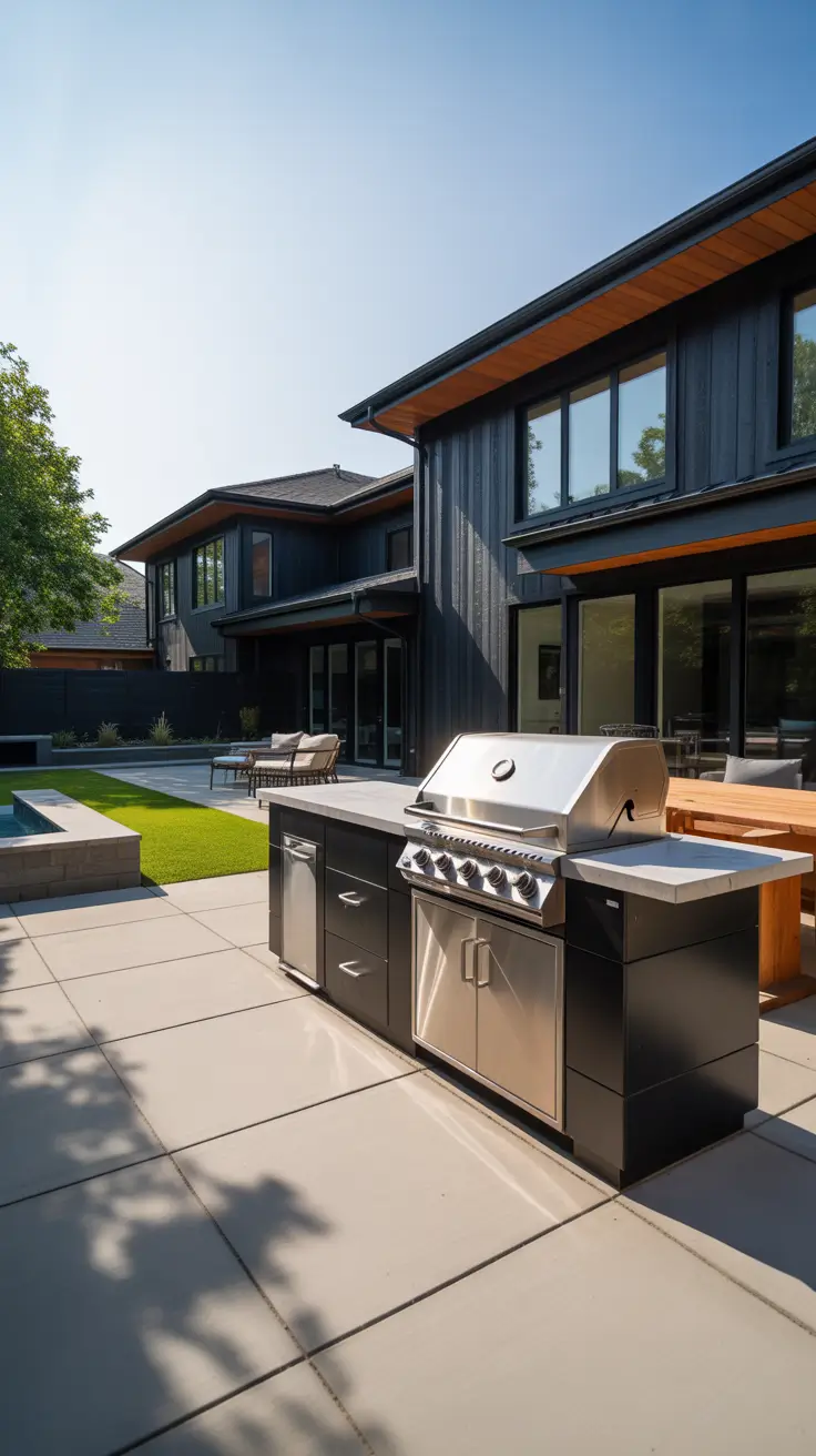 bbq patio ideas 2026 Modern Black Outdoor Kitchen With Clean Concrete Patio Lines
