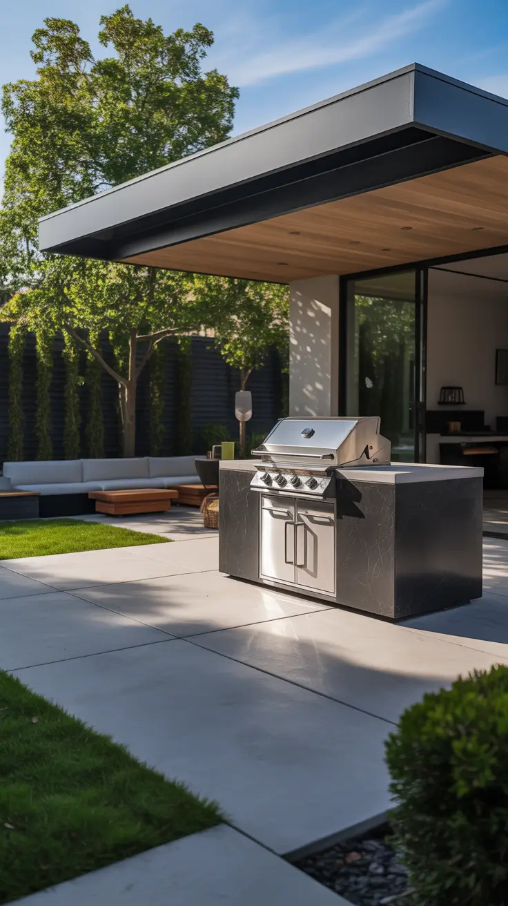 bbq patio ideas 2026 Modern Black Outdoor Kitchen With Clean Concrete Patio Lines