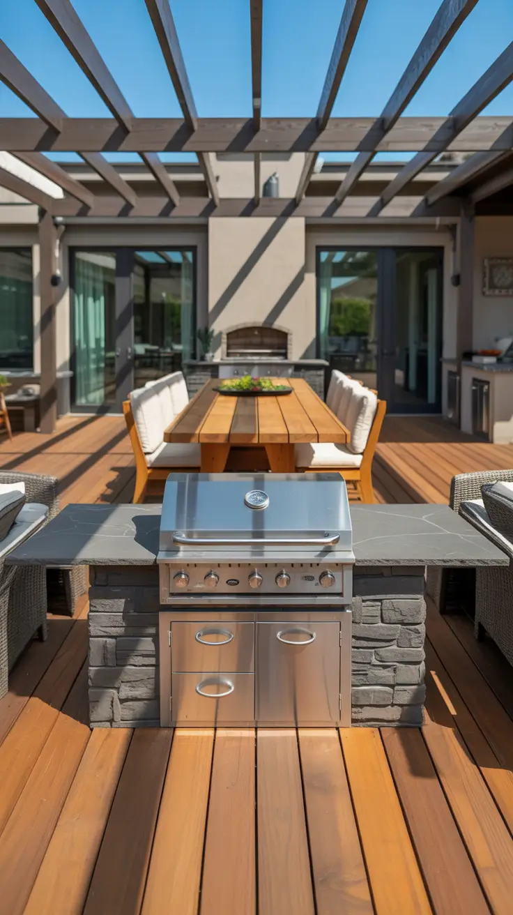 bbq patio ideas 2026 Covered Patio Bbq Area With Warm Wood Pergola And Statement Hood