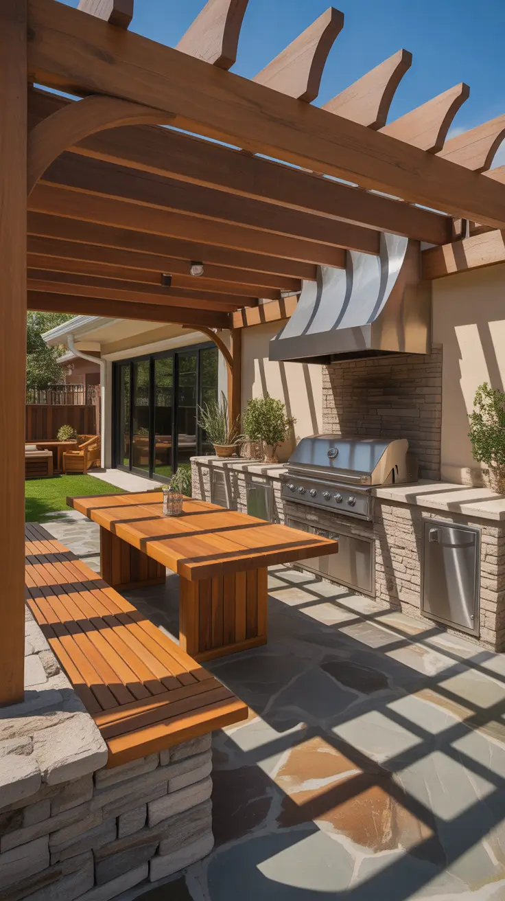 bbq patio ideas 2026 Covered Patio Bbq Area With Warm Wood Pergola And Statement Hood