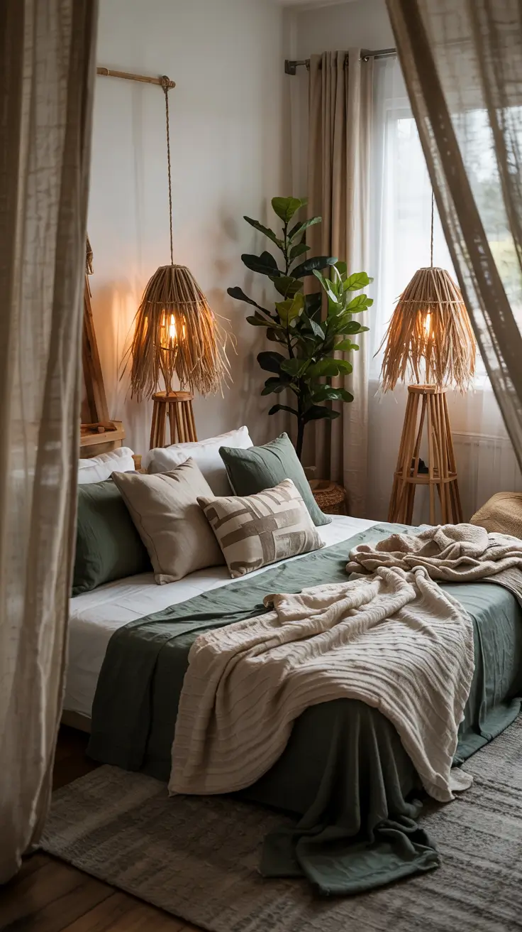 bedroom lamp ideas 2026 18 — Natural Boho Bedroom Lamp Ideas With Hanging Texture