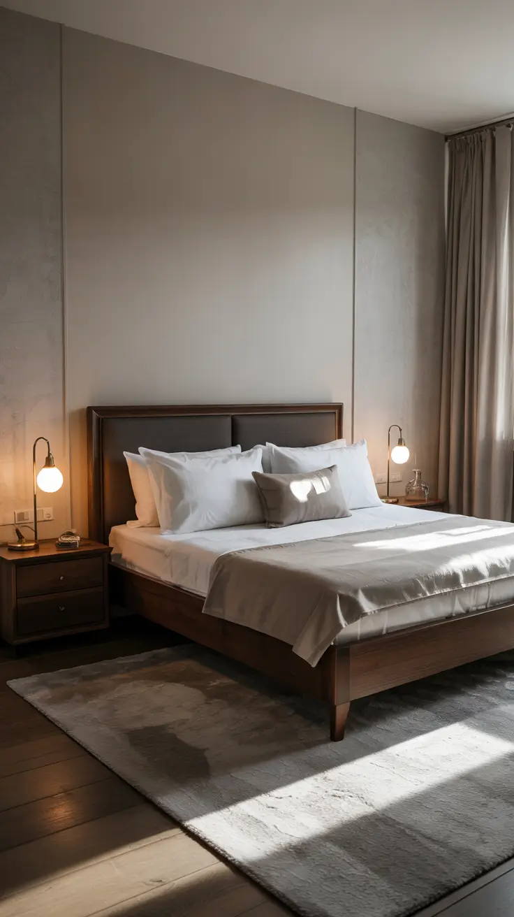 bedroom lamp ideas 2026 03 — Bedroom Lamp Ideas For Dark Furniture In A Grey And Beige Space