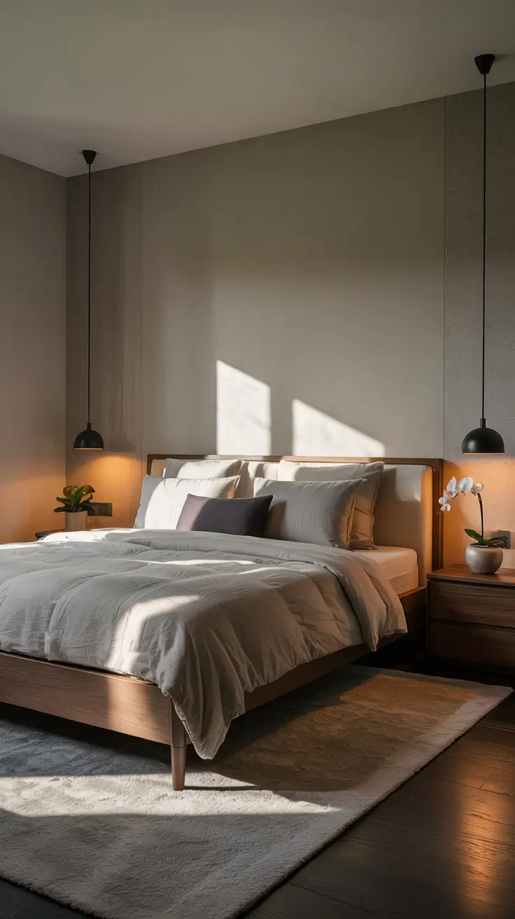 bedroom lamp ideas 2026 03 — Bedroom Lamp Ideas For Dark Furniture In A Grey And Beige Space