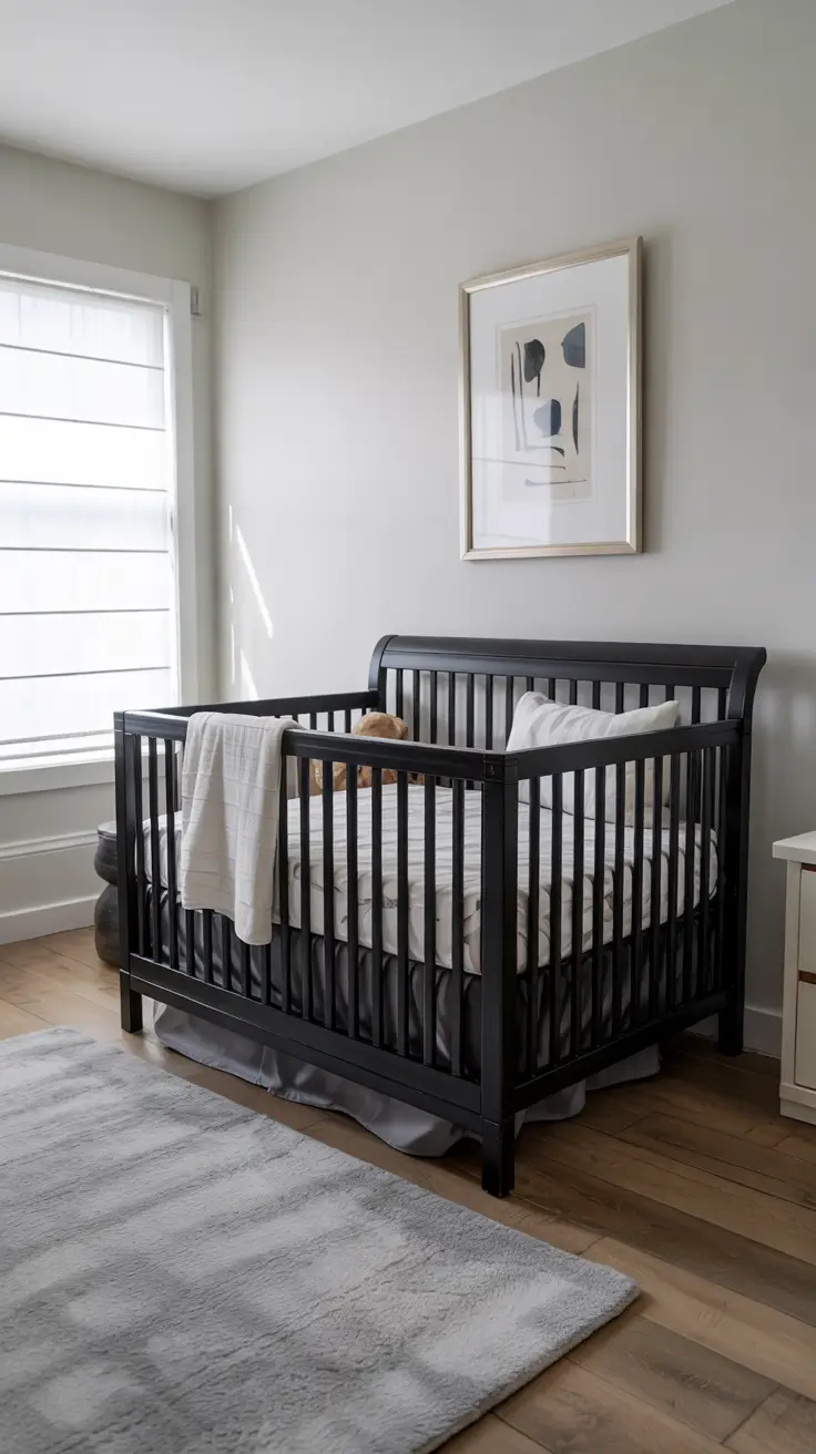 boys nursery ideas 2026 10 — Boys Nursery Ideas Black Crib Styled With Modern Contrast