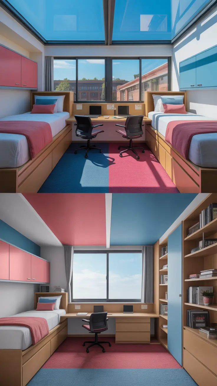 college dorm room ideas 2026 Symmetrical Twin Study layout with built in storage and shared desk