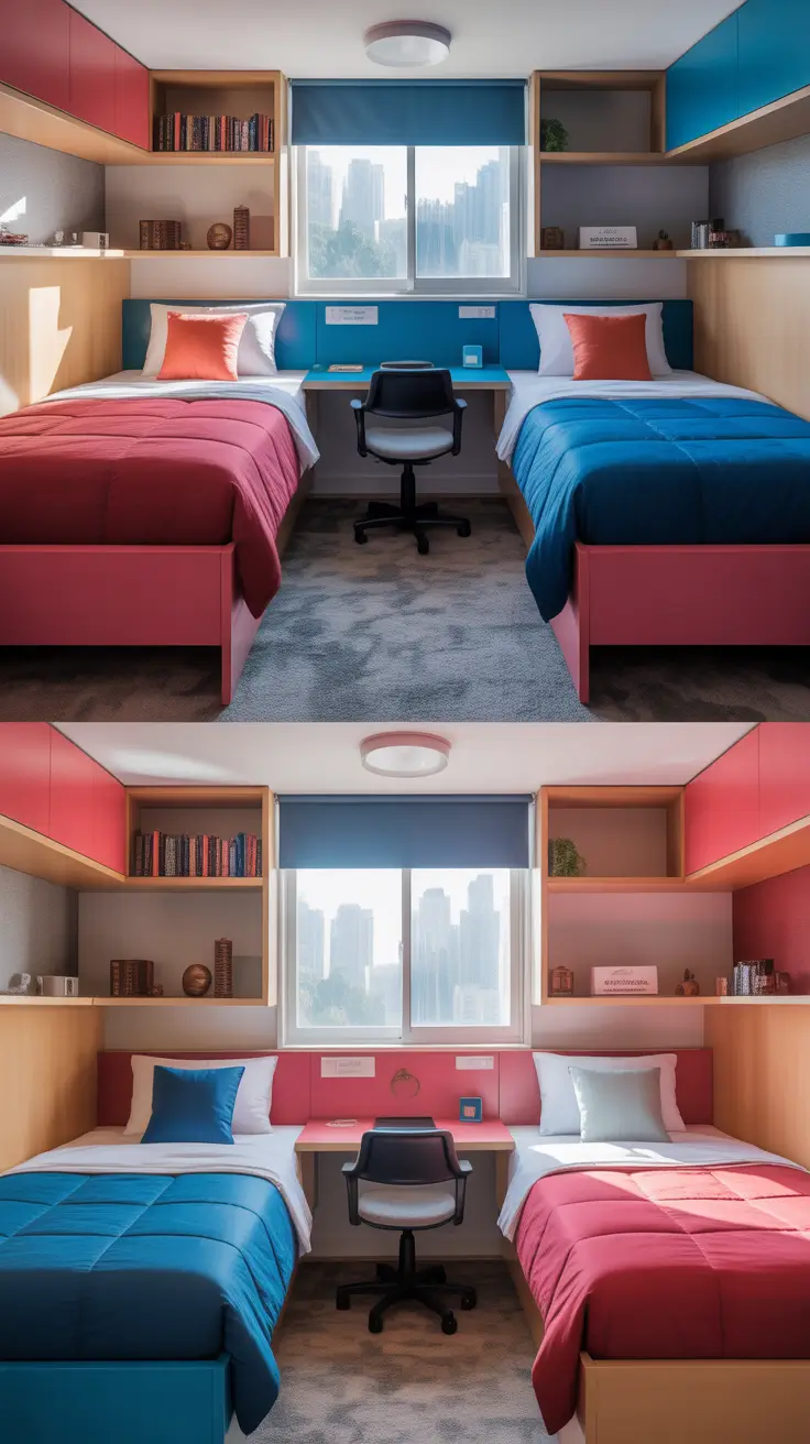 college dorm room ideas 2026 shared twin dorm room with built in desk and overhead shelving