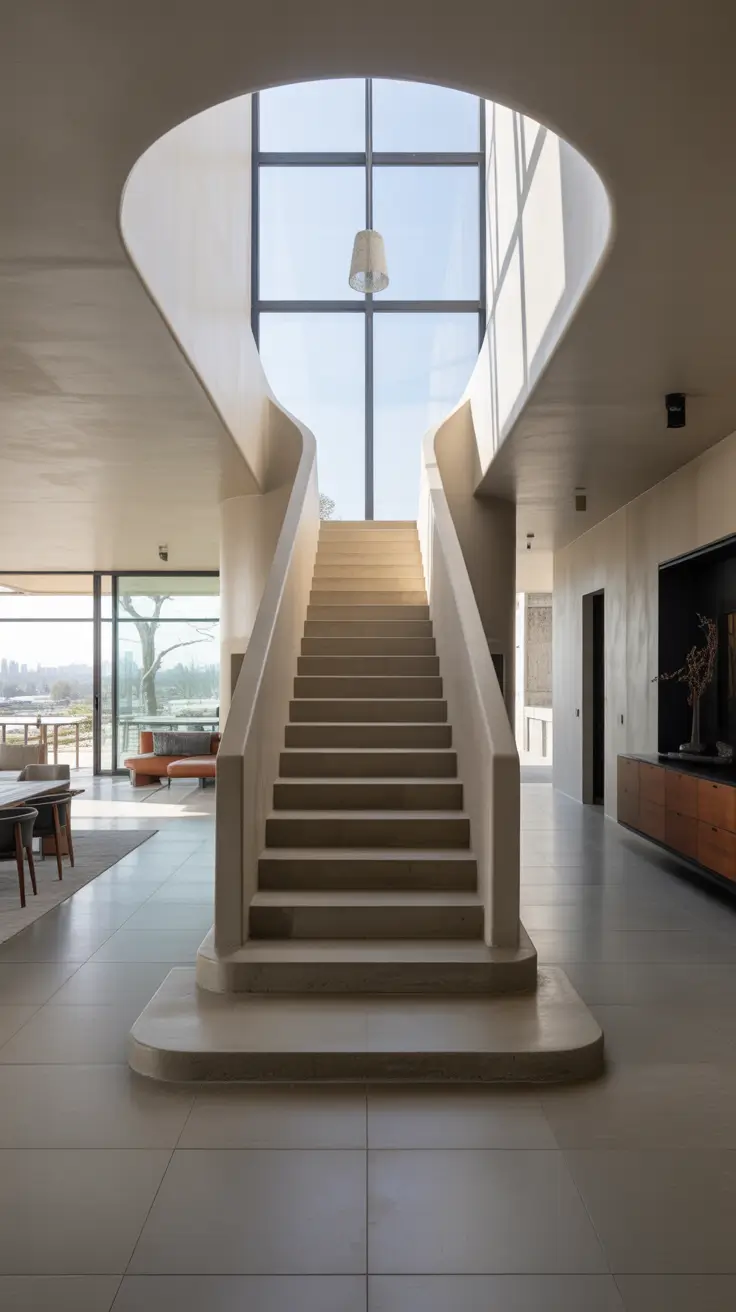 entryway remodel ideas 2026 curved modern staircase with tall window