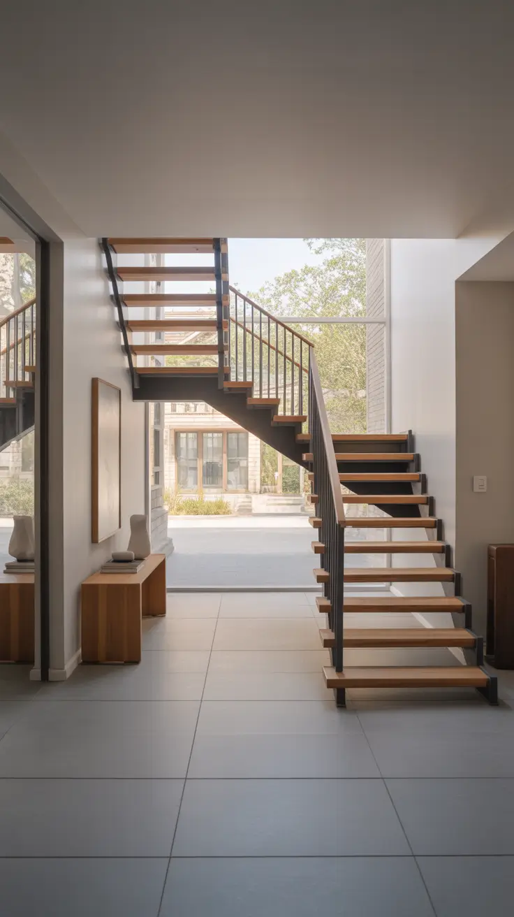 entryway remodel ideas 2026 open riser staircase with modern pendant light