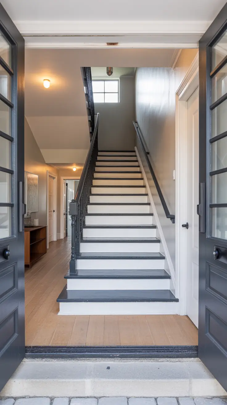 entryway remodel ideas 2026 traditional staircase refresh with modern contrast