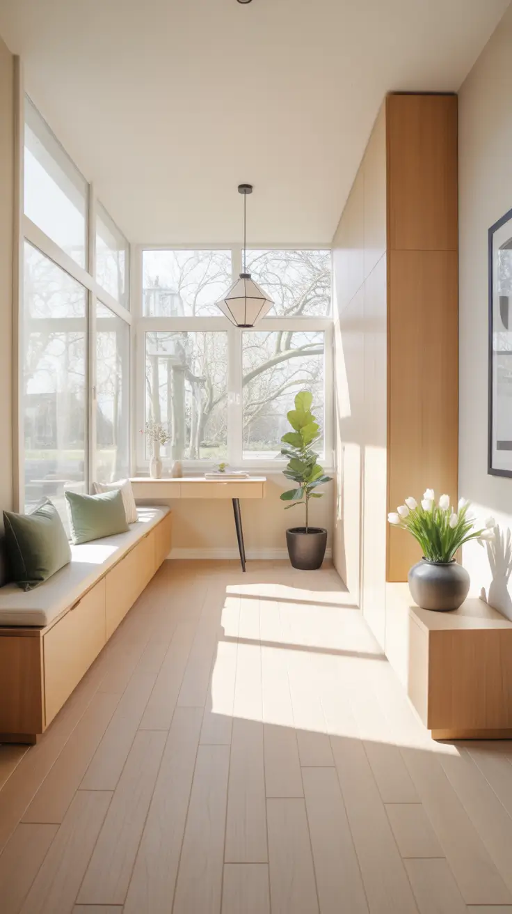 entryway remodel ideas 2026 Scandinavian light filled foyer with built in bench