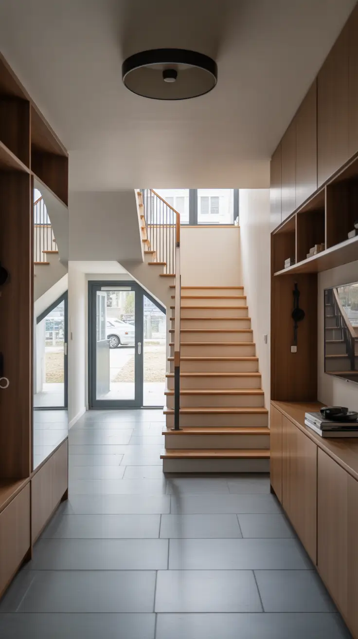 entryway remodel ideas 2026 narrow foyer with built in storage and staircase