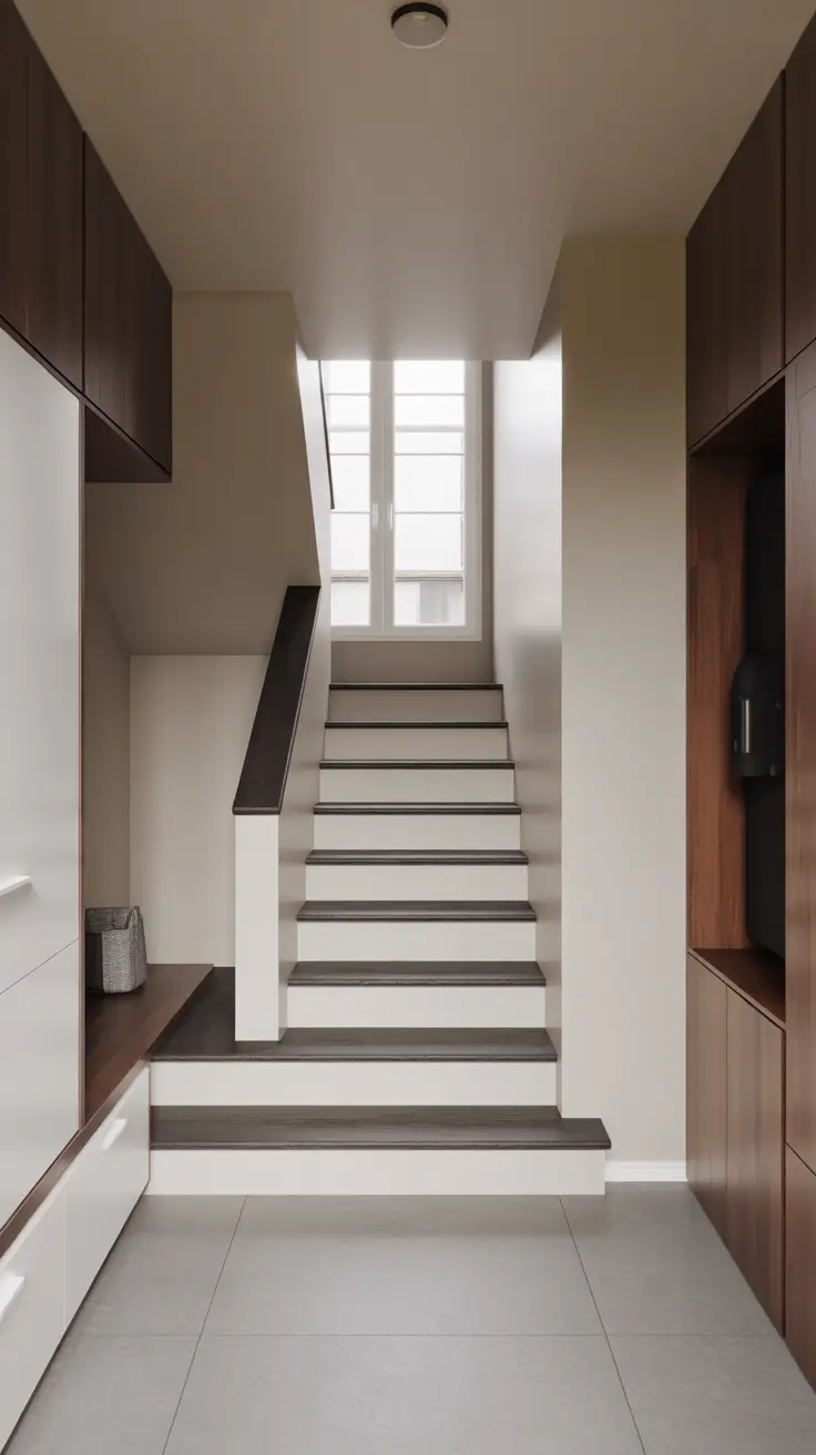 entryway remodel ideas 2026 compact staircase with integrated cabinetry