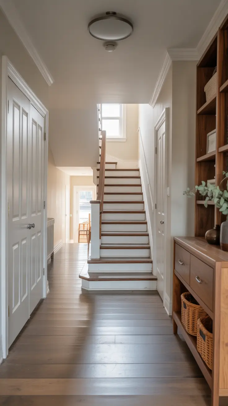 entryway remodel ideas 2026 hallway foyer with wood floors and built in shelving