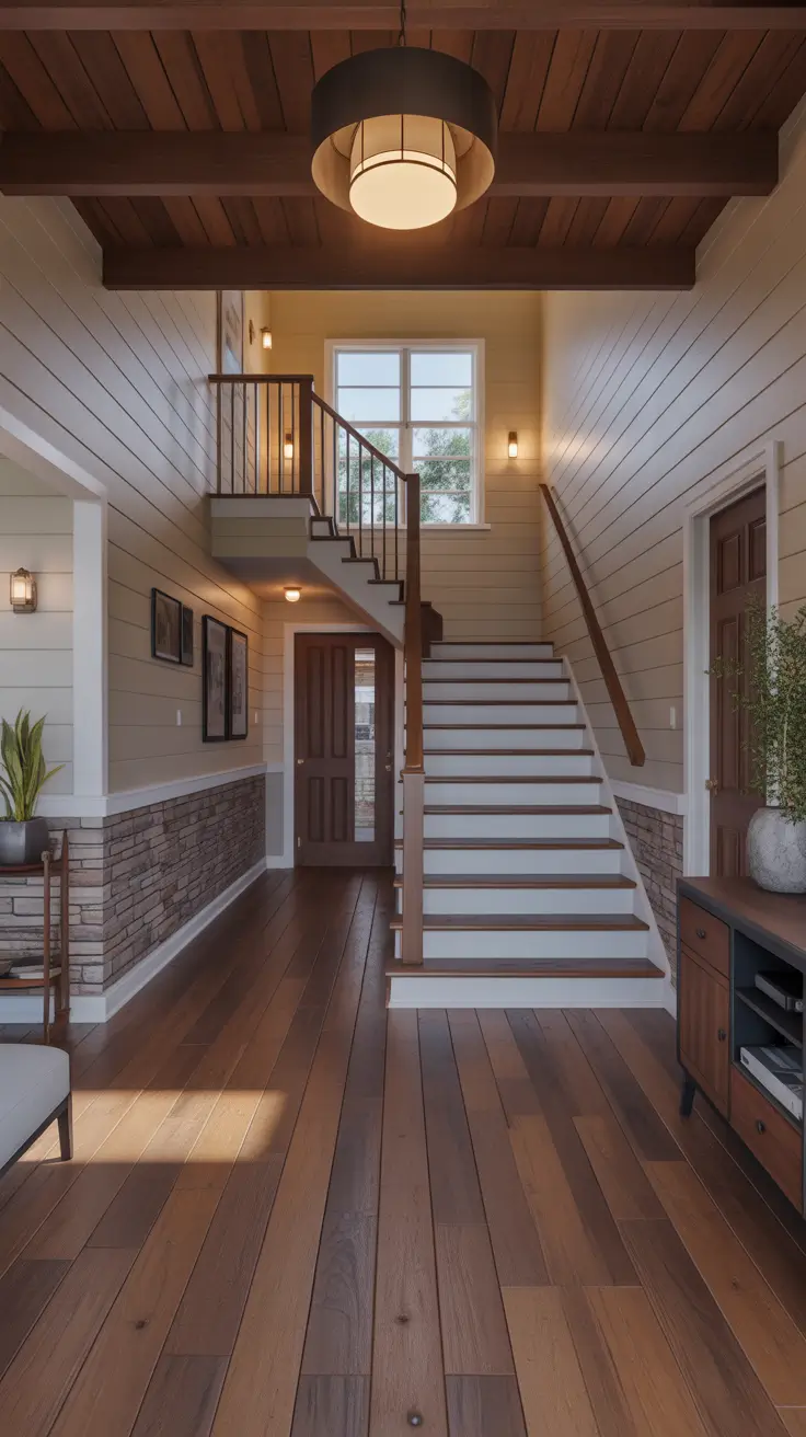 entryway remodel ideas 2026 modern farmhouse foyer with wood ceiling beams