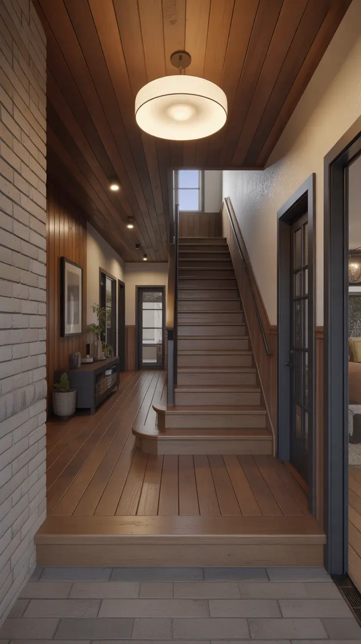 entryway remodel ideas 2026 farmhouse staircase with wood ceiling and brick accent