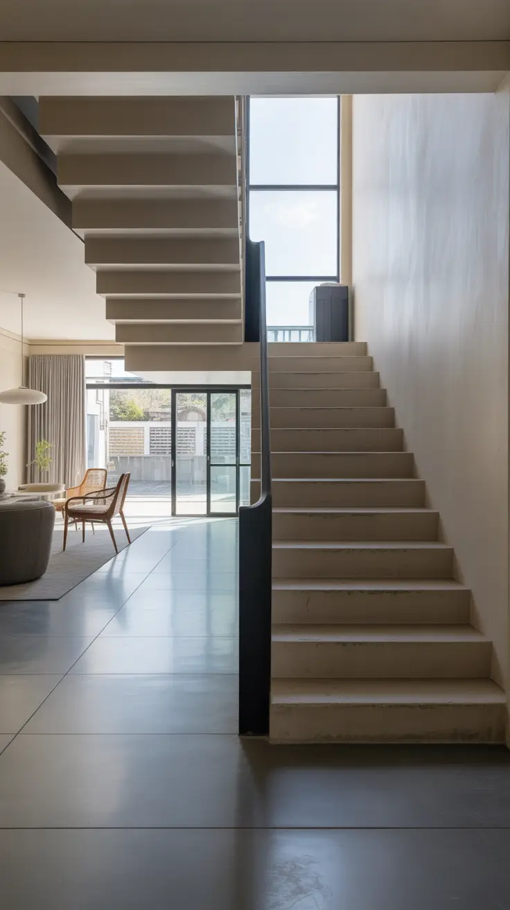 entryway remodel ideas 2026 minimalist concrete staircase with tall window