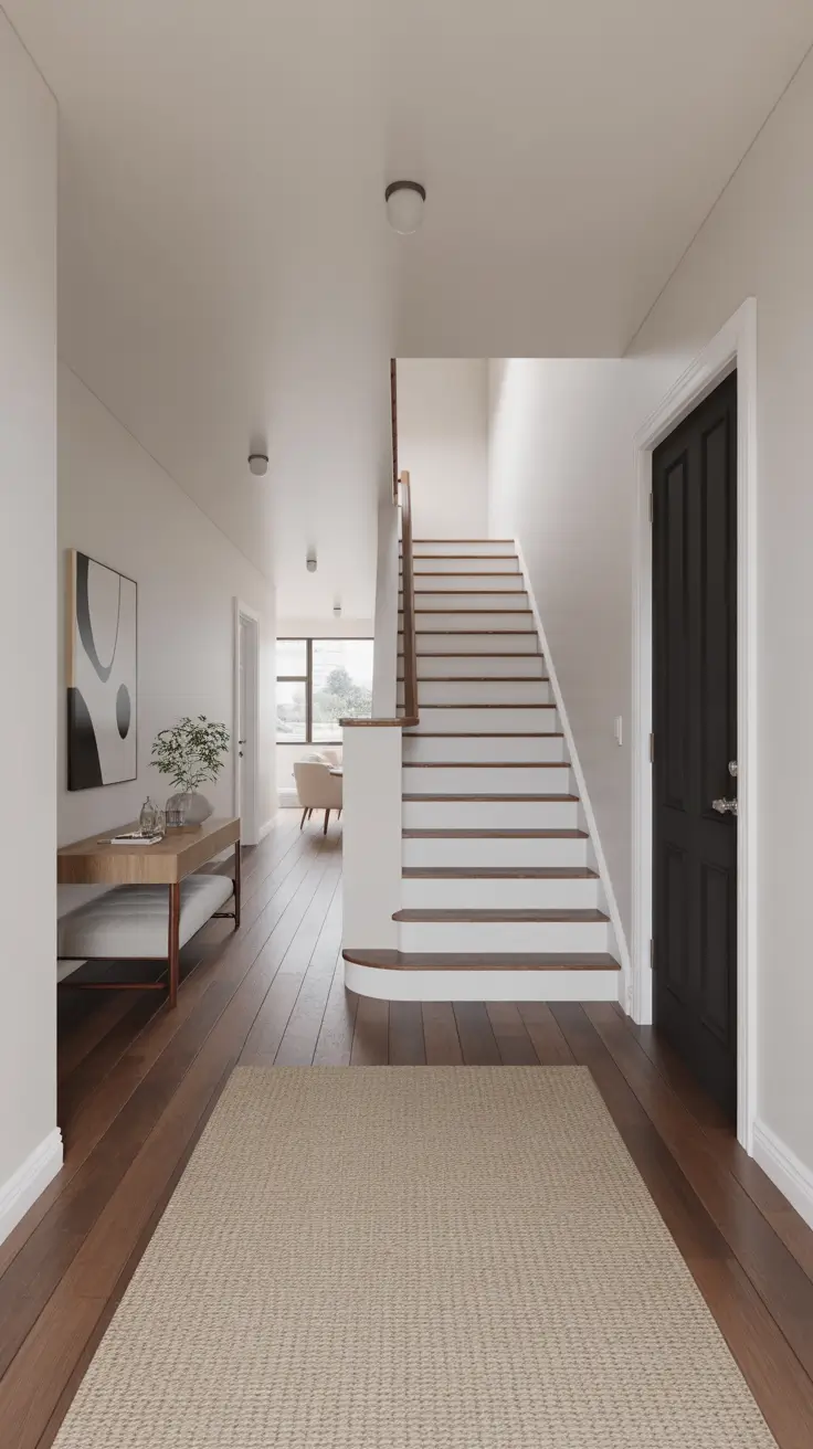 entryway remodel ideas 2026 transitional hallway with white staircase and wood floors