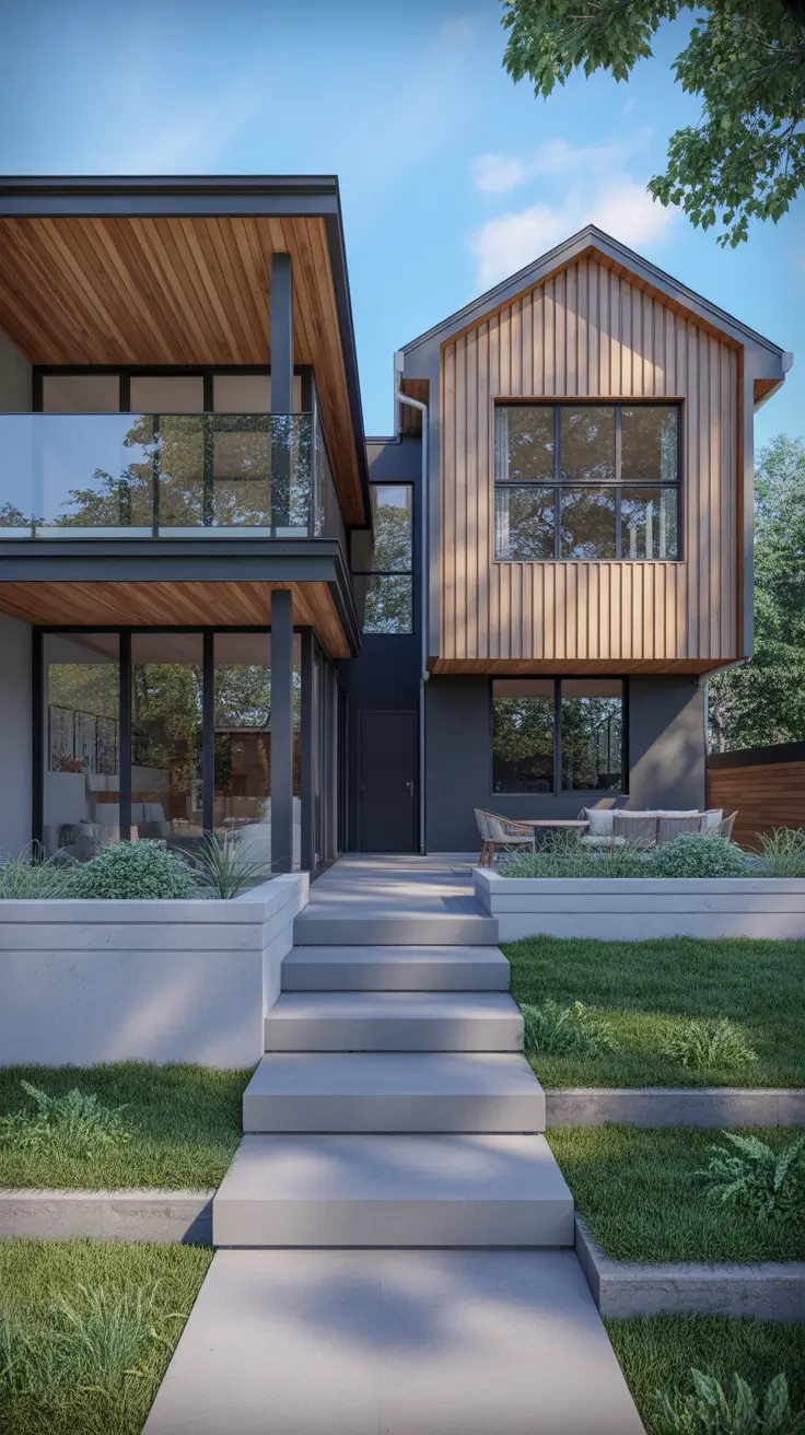 entryway remodel ideas 2026 modern home exterior with wood siding and concrete steps