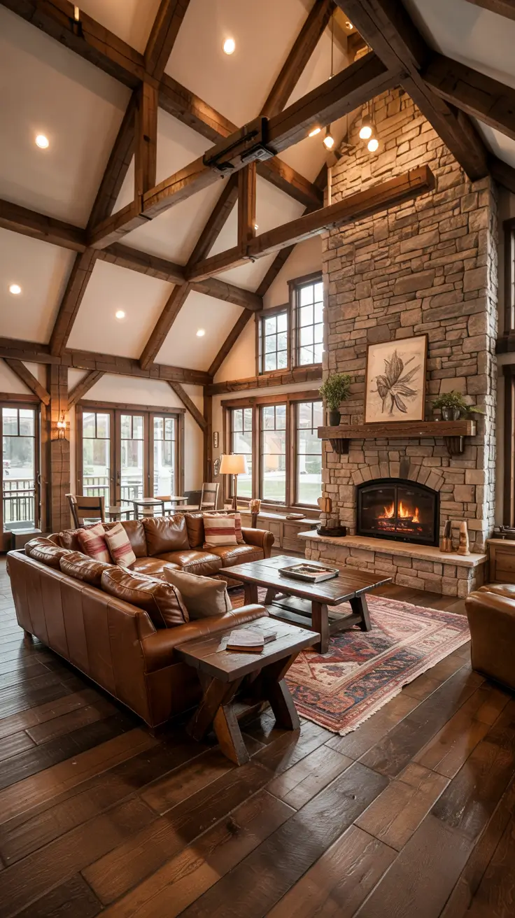 family rooms ideas 2026 19 — Rustic Lodge Family Rooms Ideas With Stone Fireplace