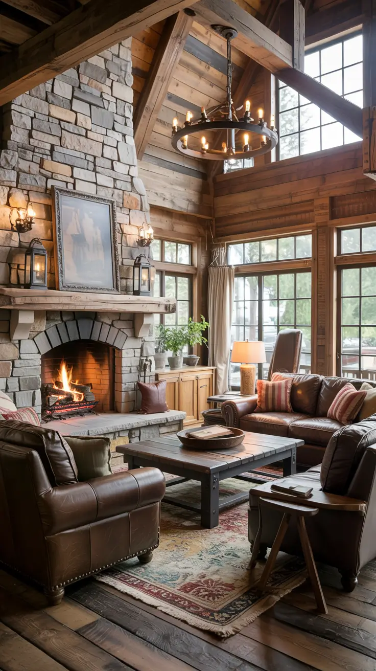 family rooms ideas 2026 19 — Rustic Lodge Family Rooms Ideas With Stone Fireplace