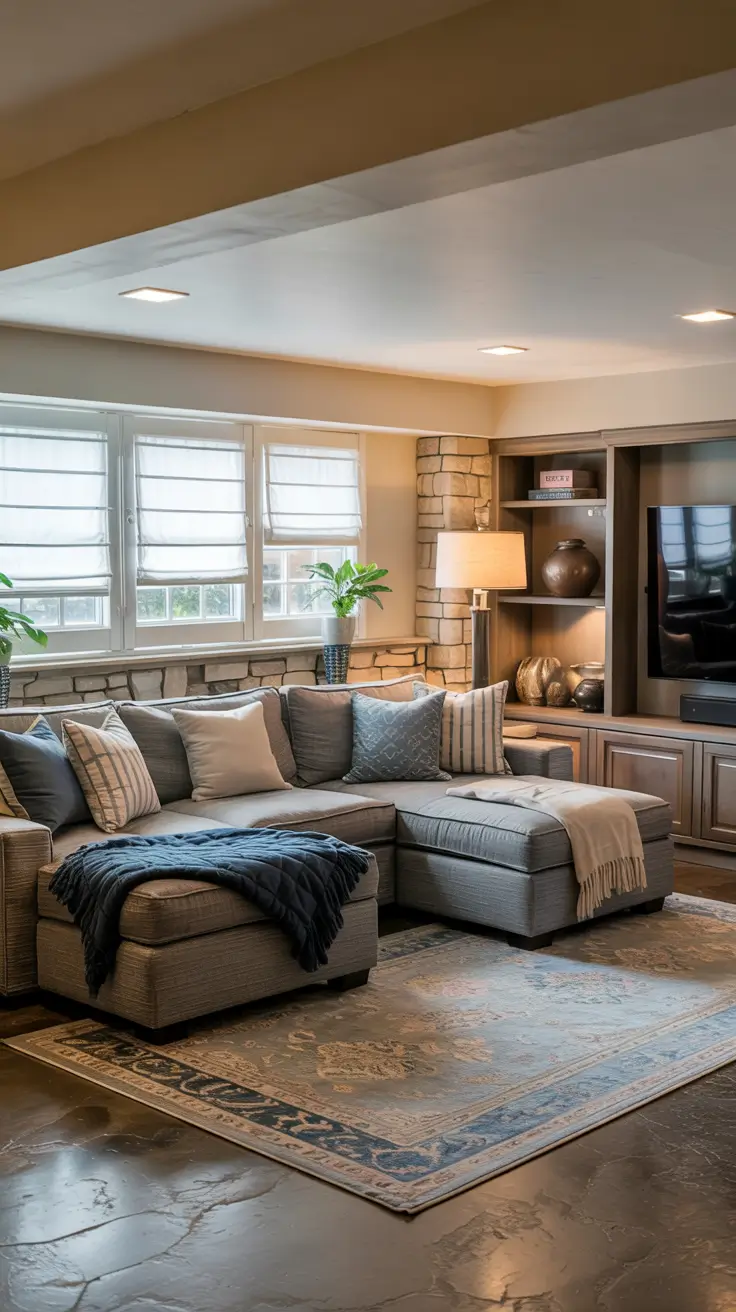 family rooms ideas 2026 05 — Cozy Color Scheme Ideas For Basement Family Rooms In Grey And Blue