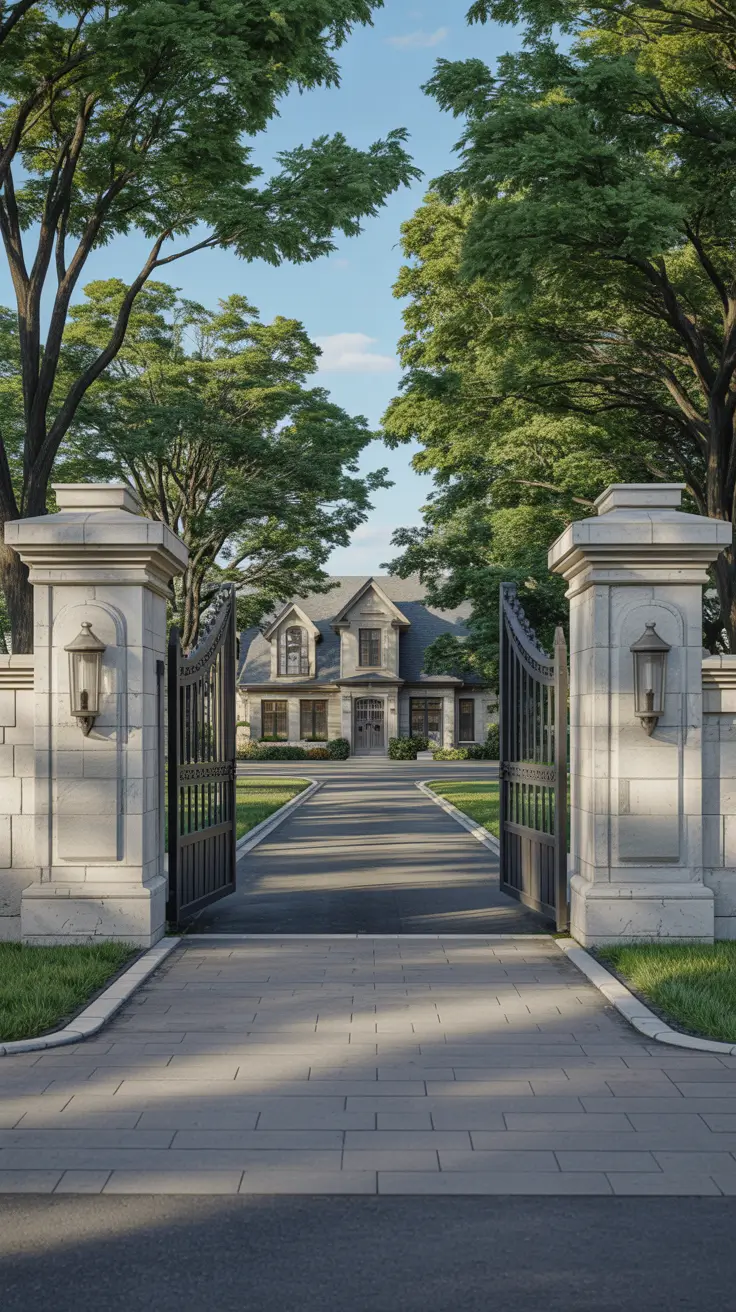 front yard gate ideas 2026 Front Yard Fence Ideas Driveway Gate Stone Pillars Entrance