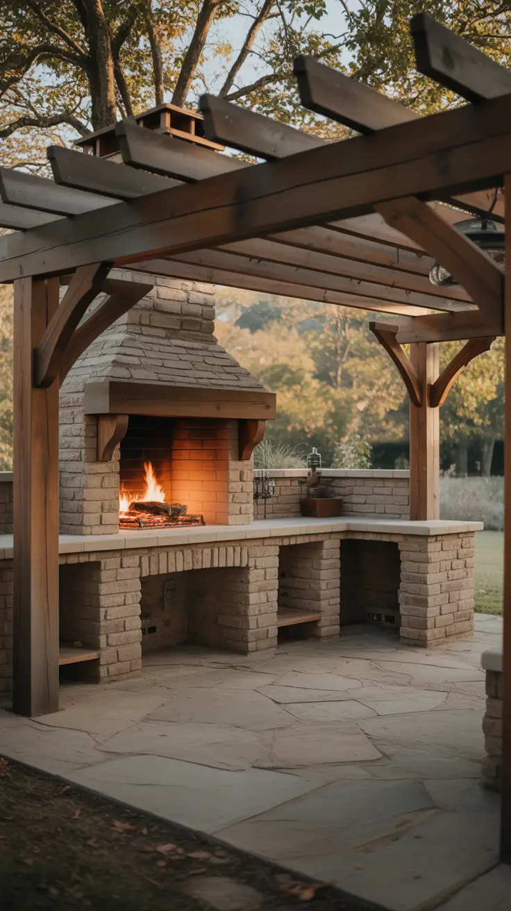 garden barbecue area 2026 Rustic Brick Fireplace Garden Barbecue Area With Wooden Pergola