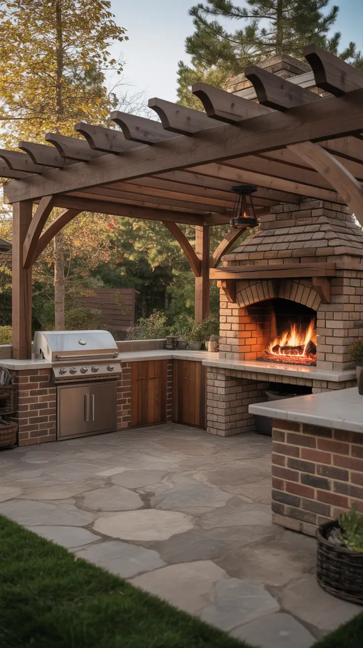 garden barbecue area 2026 Rustic Brick Fireplace Garden Barbecue Area With Wooden Pergola
