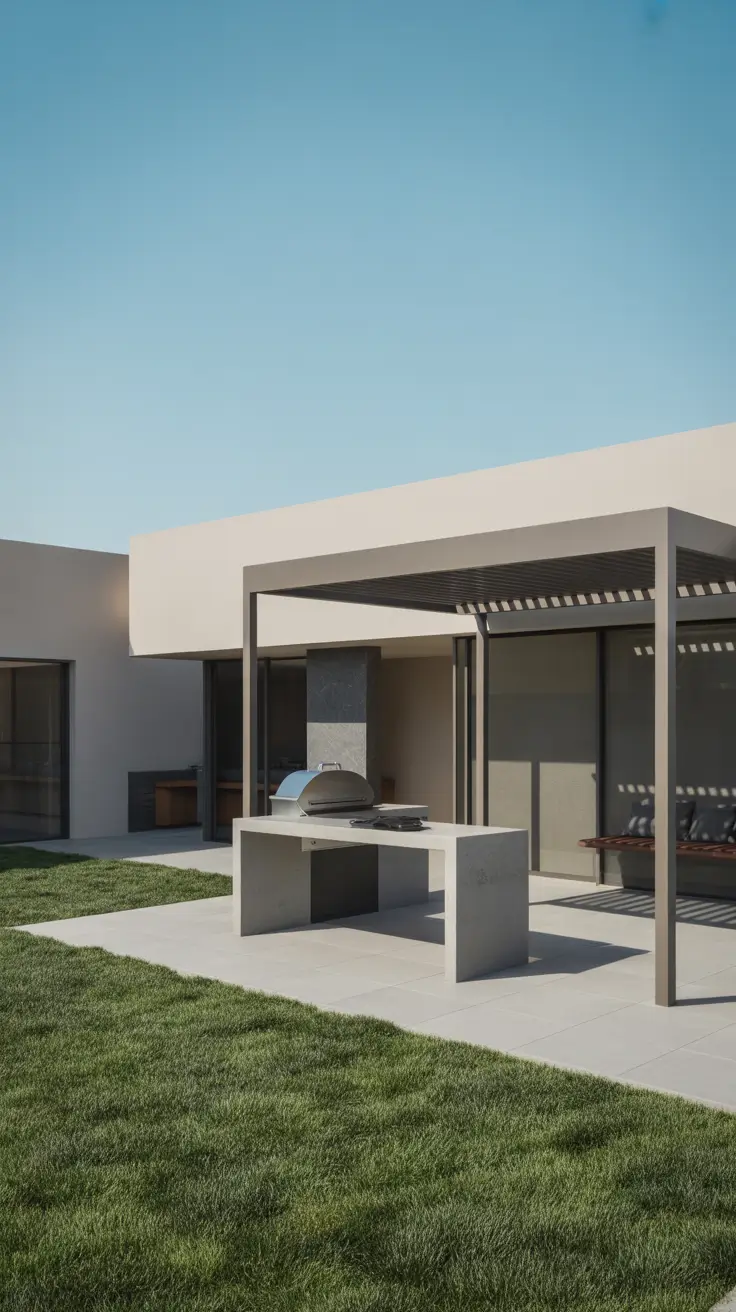 garden barbecue area 2026 Minimalist Concrete Garden Barbecue Area With Modern Pergola