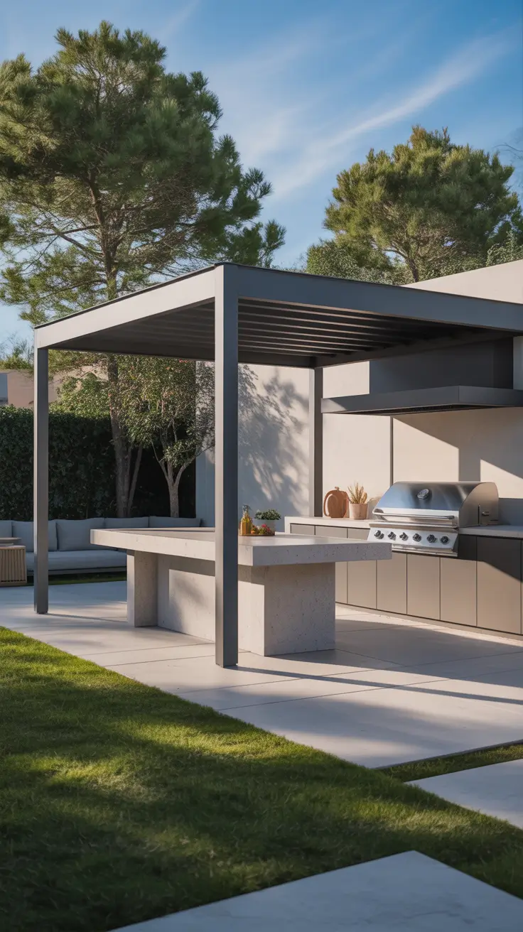 garden barbecue area 2026 Minimalist Concrete Garden Barbecue Area With Modern Pergola