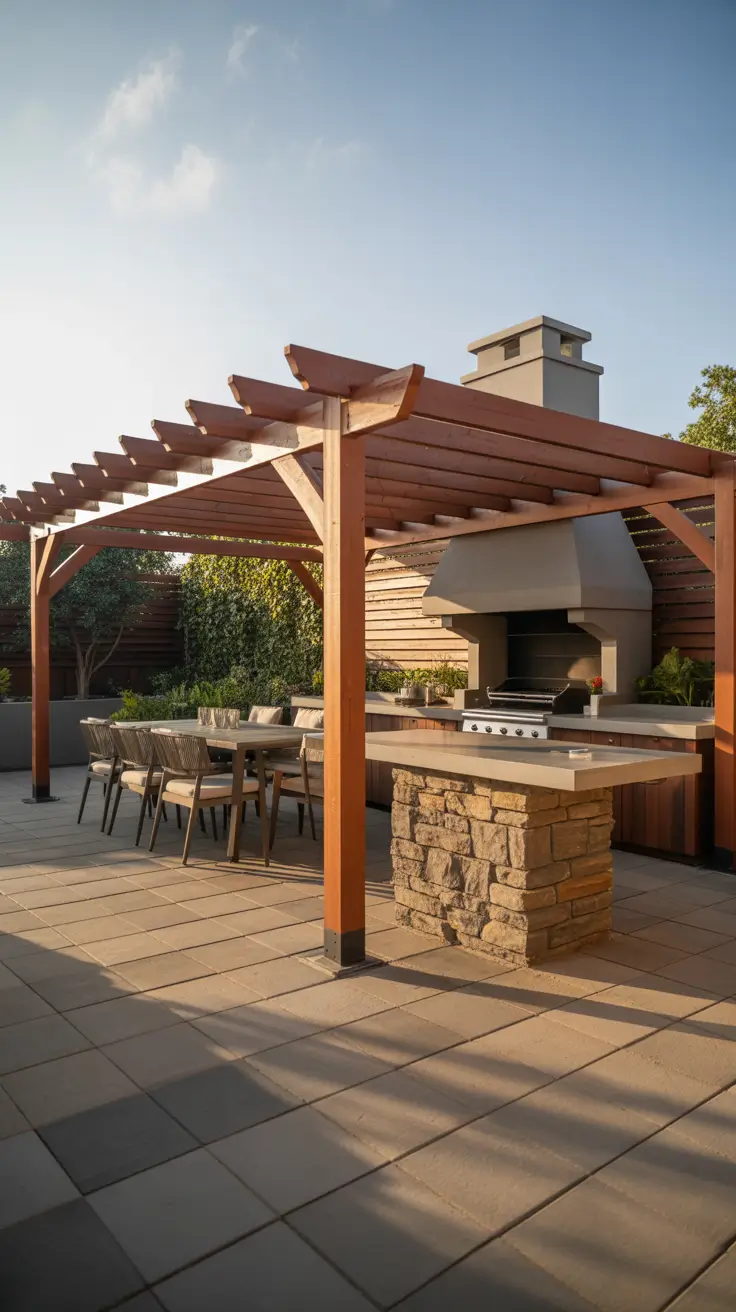 garden barbecue area 2026 Contemporary Stone Island Garden Barbecue Area With Warm Wood Pergola