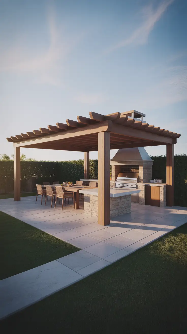 garden barbecue area 2026 Contemporary Stone Island Garden Barbecue Area With Warm Wood Pergola