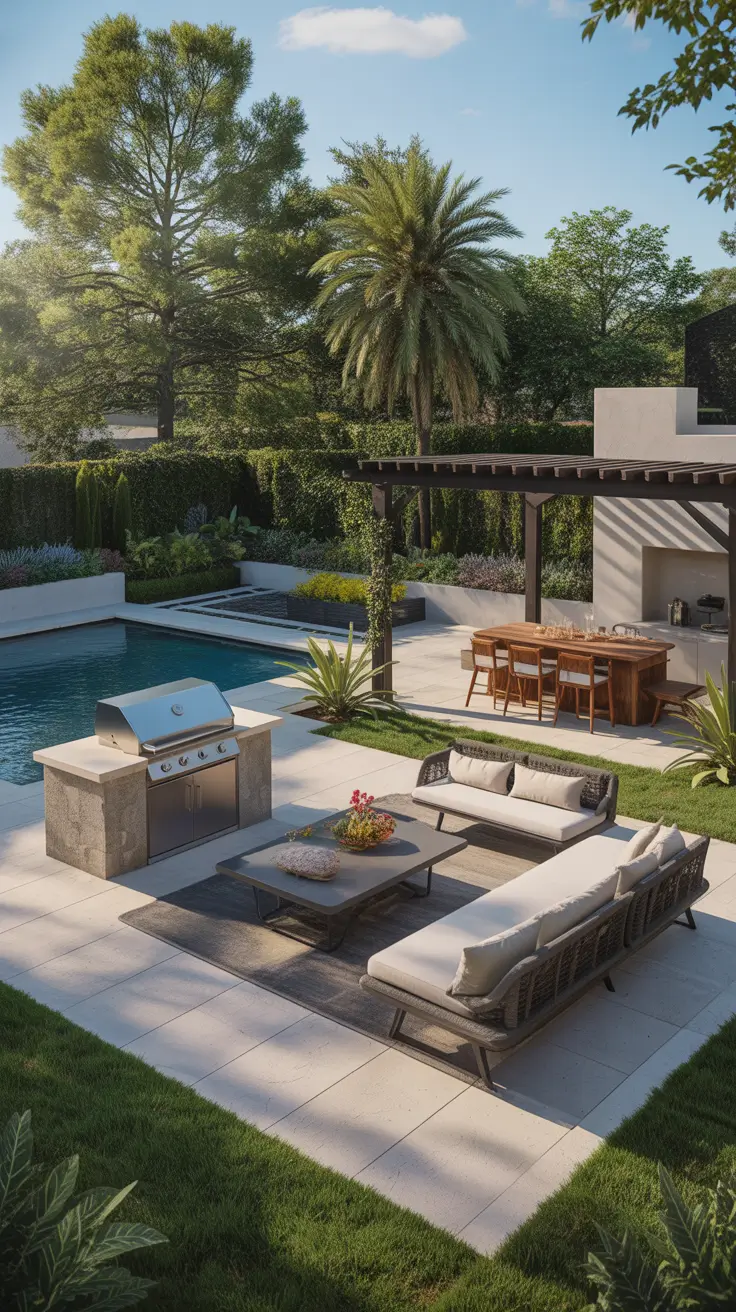garden barbecue area 2026 Poolside Garden Barbecue Area With Modern Lounge Zone