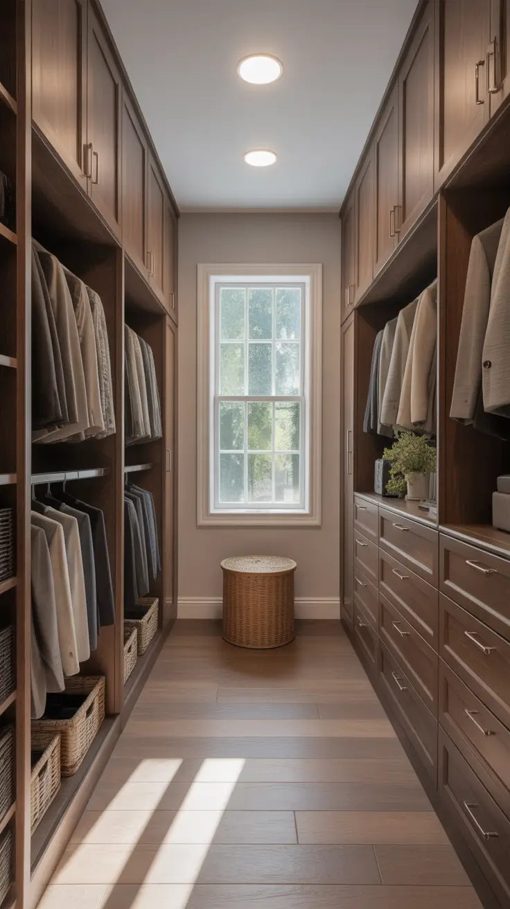 hallway remodel ideas 2026 modern walk in closet with symmetrical cabinetry