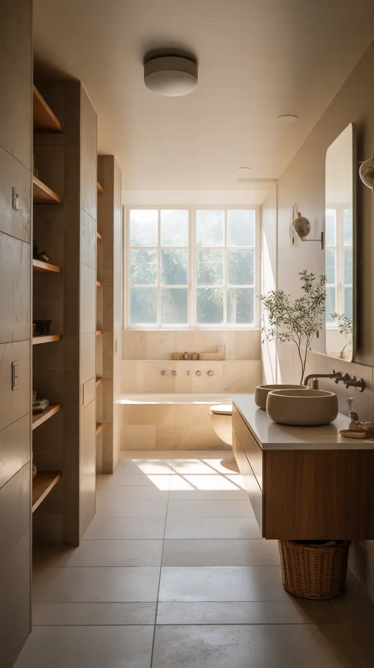 hallway remodel ideas 2026 luxury bathroom with natural light and stone finishes