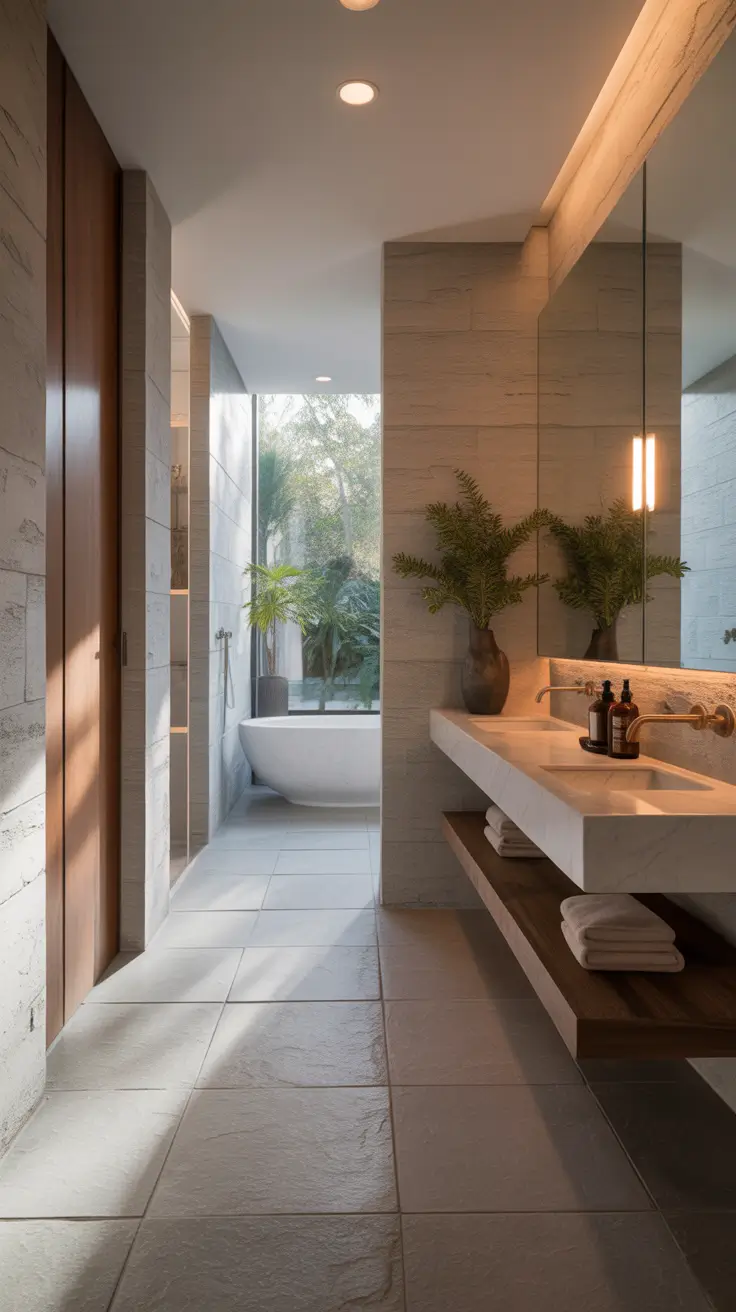 hallway remodel ideas 2026 spa bathroom with freestanding tub and warm lighting