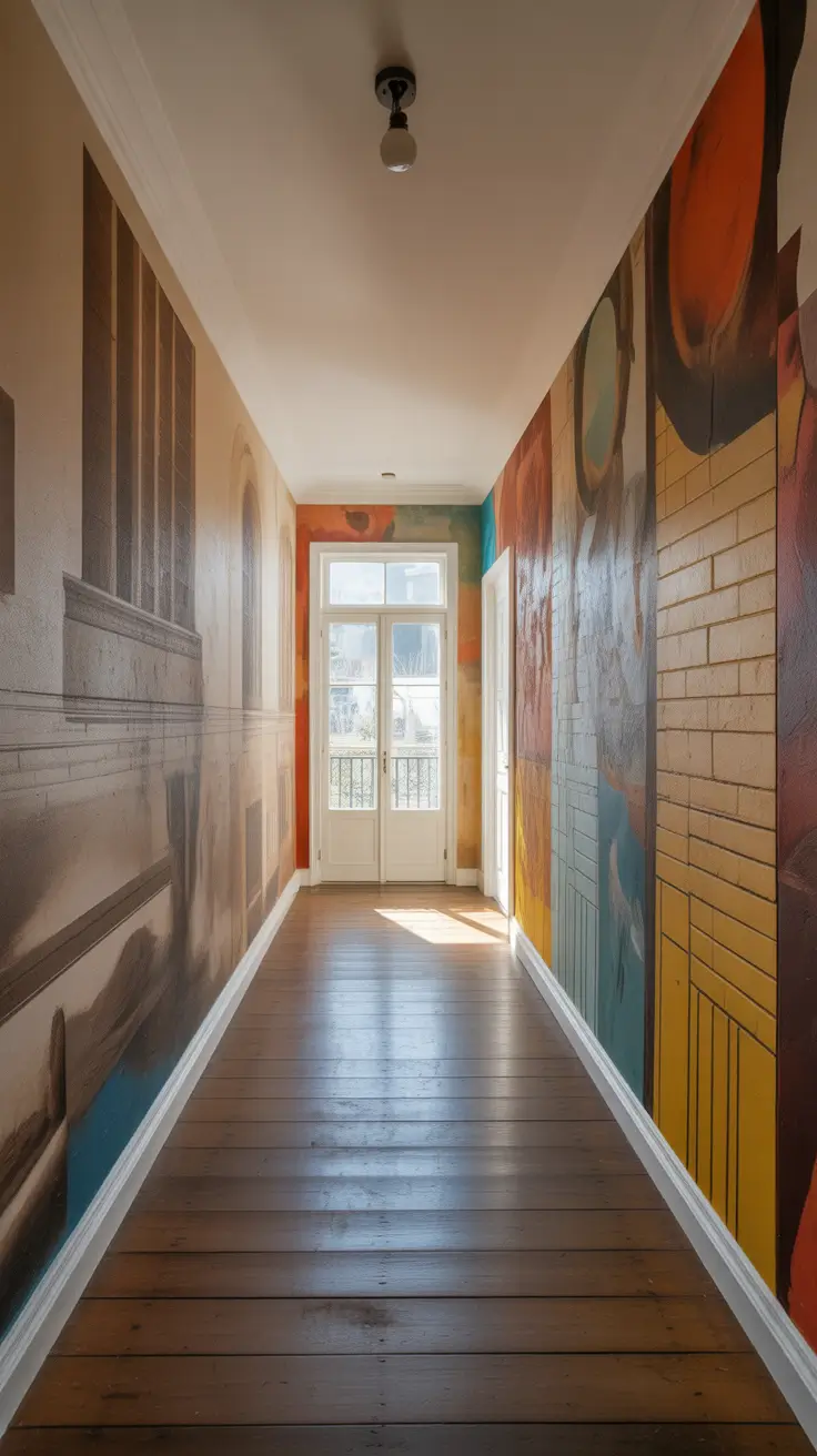 hallway remodel ideas 2026 artistic mural walls in long corridor