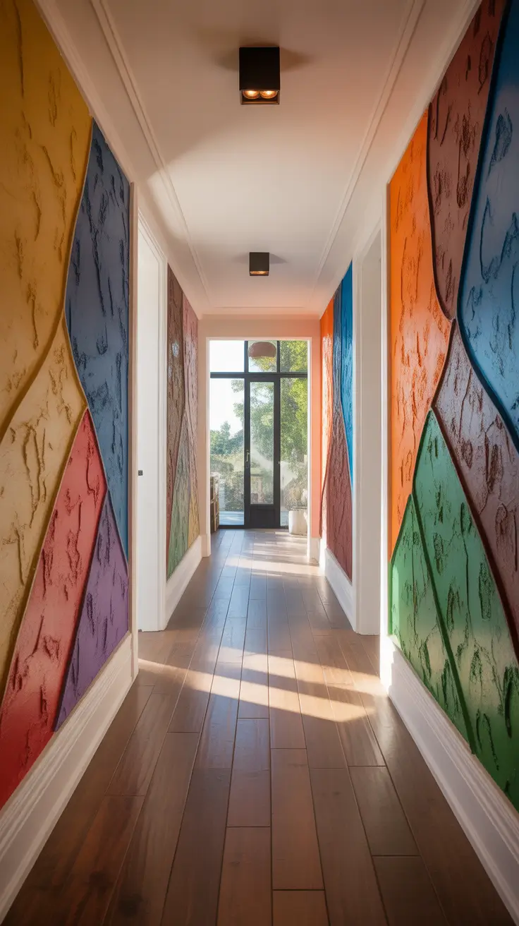 hallway remodel ideas 2026 colorful geometric mural hallway design